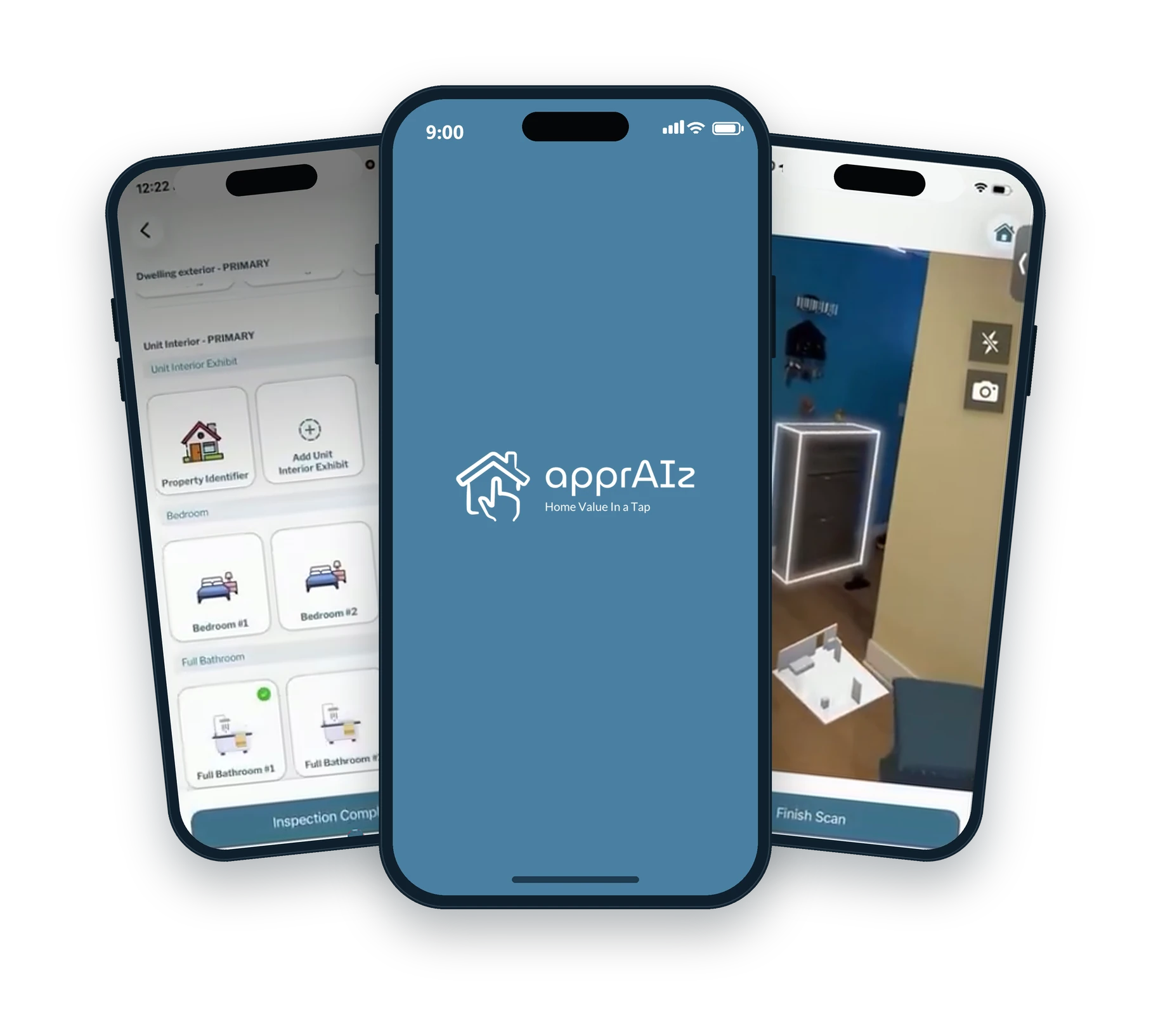 The valurAIz app on three iPhones: an inspection, the apprAIz start screen and a room scan