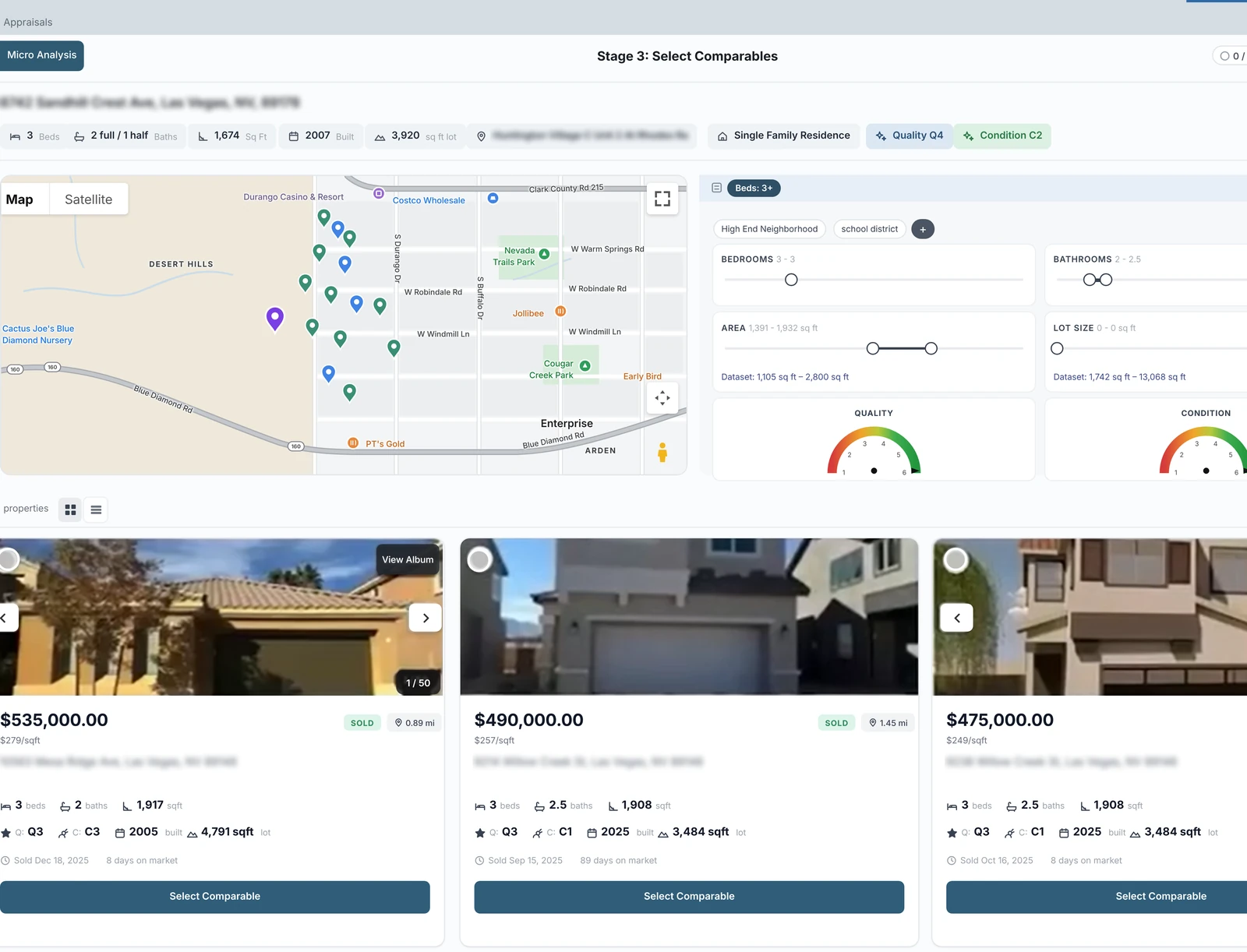 valurAIz comparable selection screen with a map and comparable properties