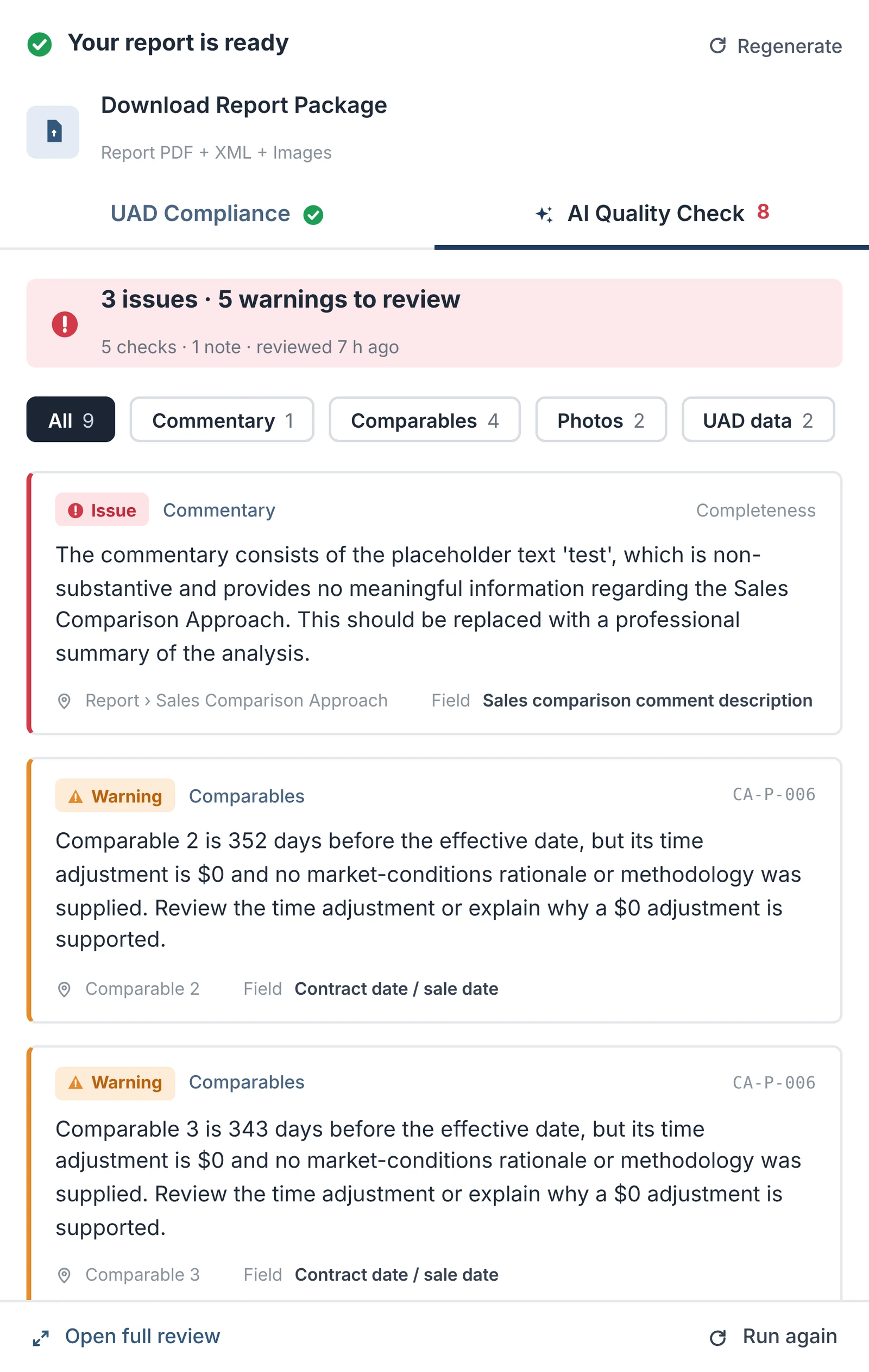 Quality Check review panel showing report issues