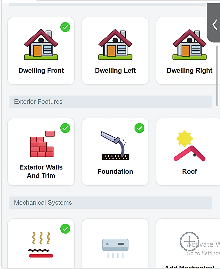 Inspection tiles on iPhone: dwelling, exterior walls, foundation, roof