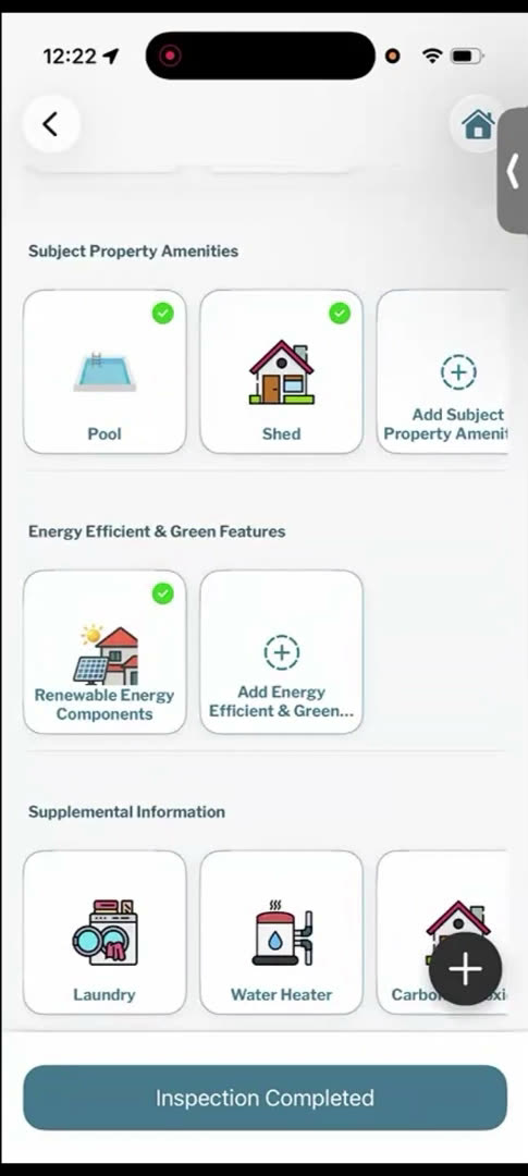 Mobile inspection screen showing property amenities checklist in valurAIz