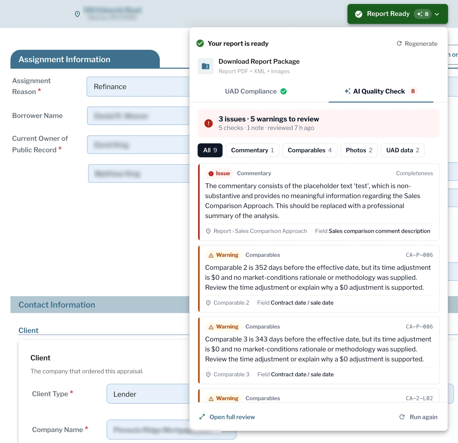 The Report Ready menu with the AI Quality Check tab showing 3 issues and 5 warnings