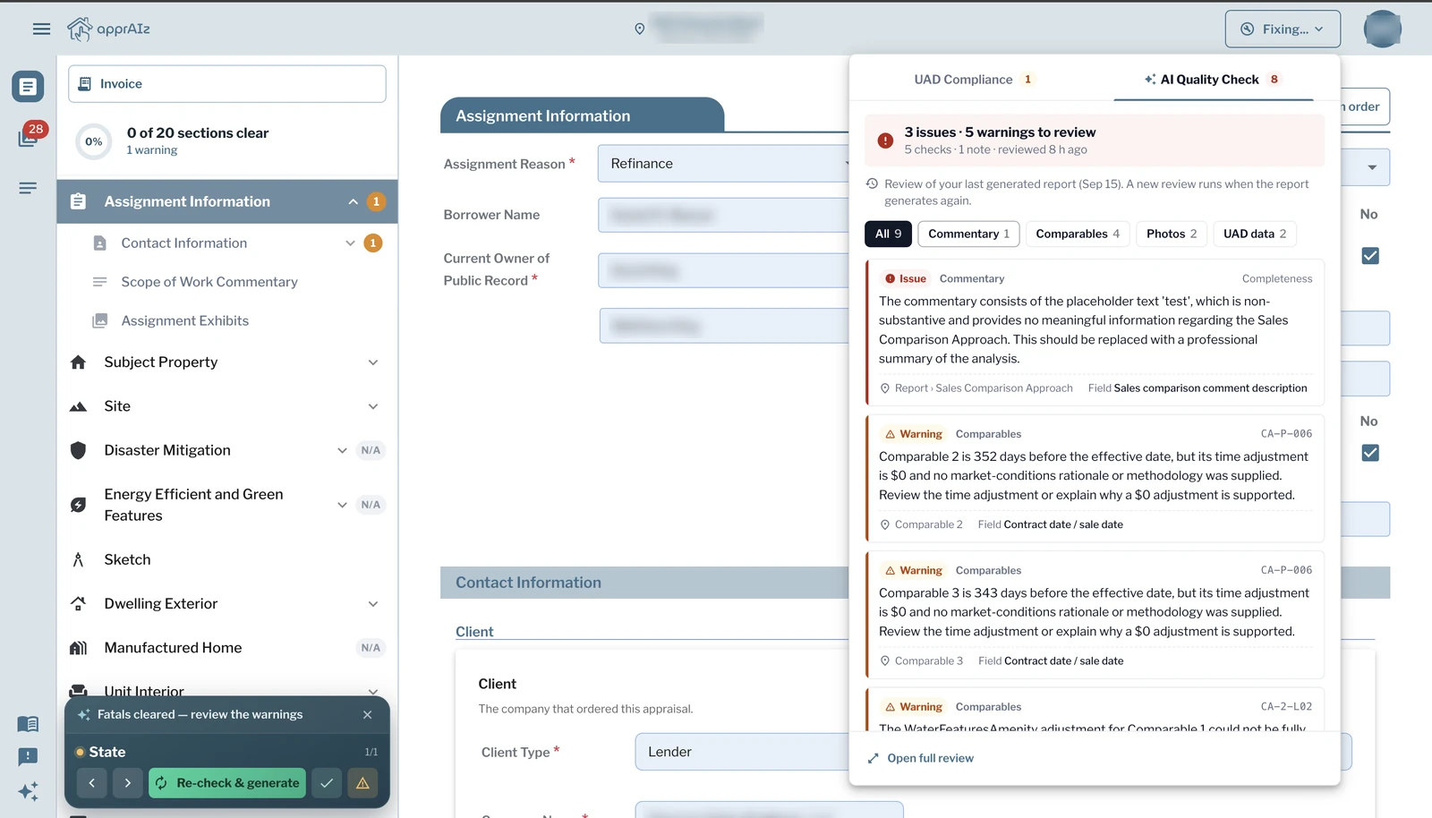 The full AI Quality Check review listing findings by check