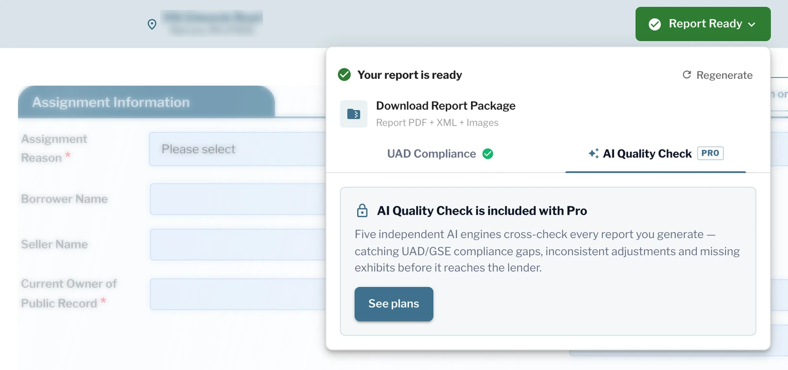 The Report Ready menu showing that AI Quality Check is included with Pro
