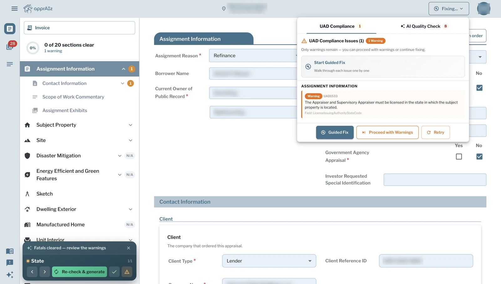 The UAD Compliance tab with a warning and the Guided Fix button